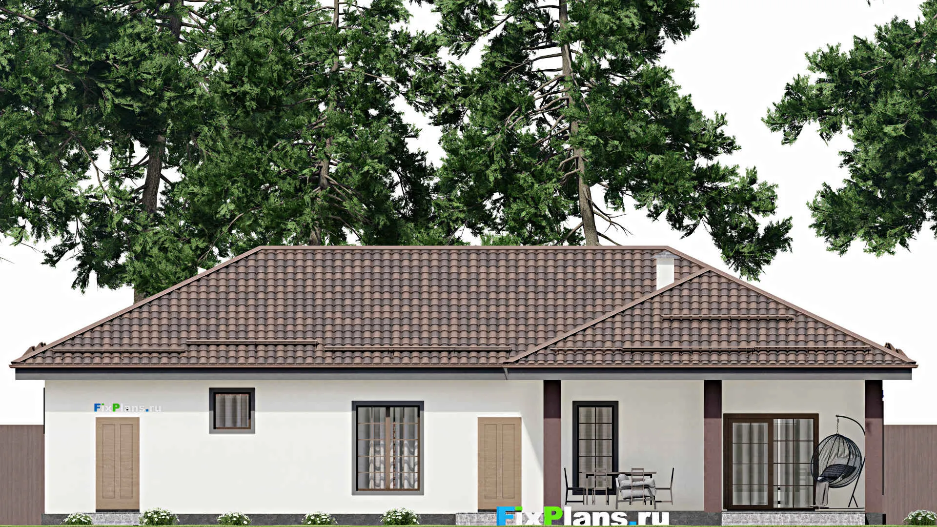 F-12077 - План одноэтажного дома 20 на 20, площадью 220 м² с террасой, гаражом на 2 машины и 2 спальнями