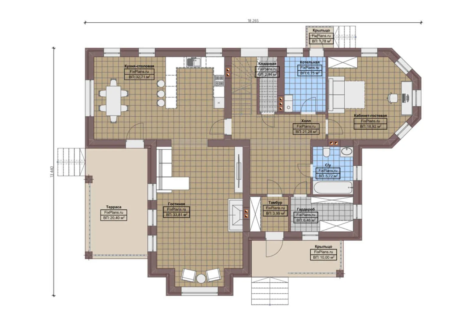 F-0143 - Планы двухэтажного дома 14 на 19, площадью 290 м² с террасой и 4 спальнями