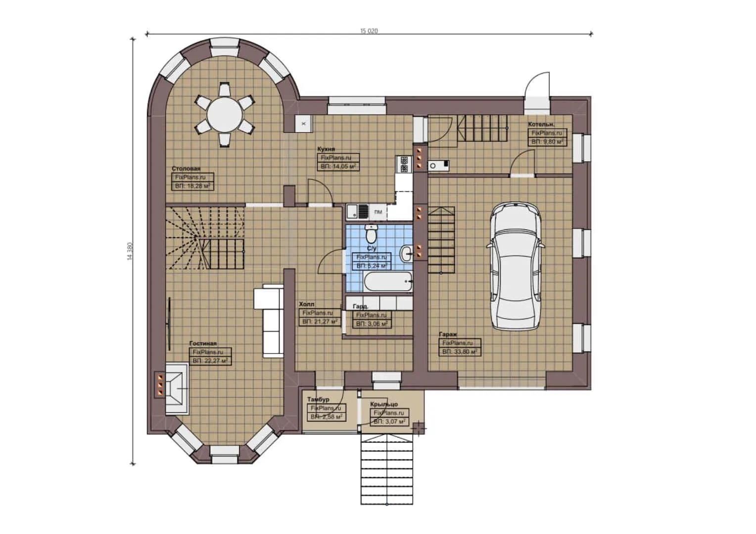 F-0890 - Планы дома с мансардой 15 на 16, площадью 210 м² с балконом, гаражом на 1 машину и 4 спальнями