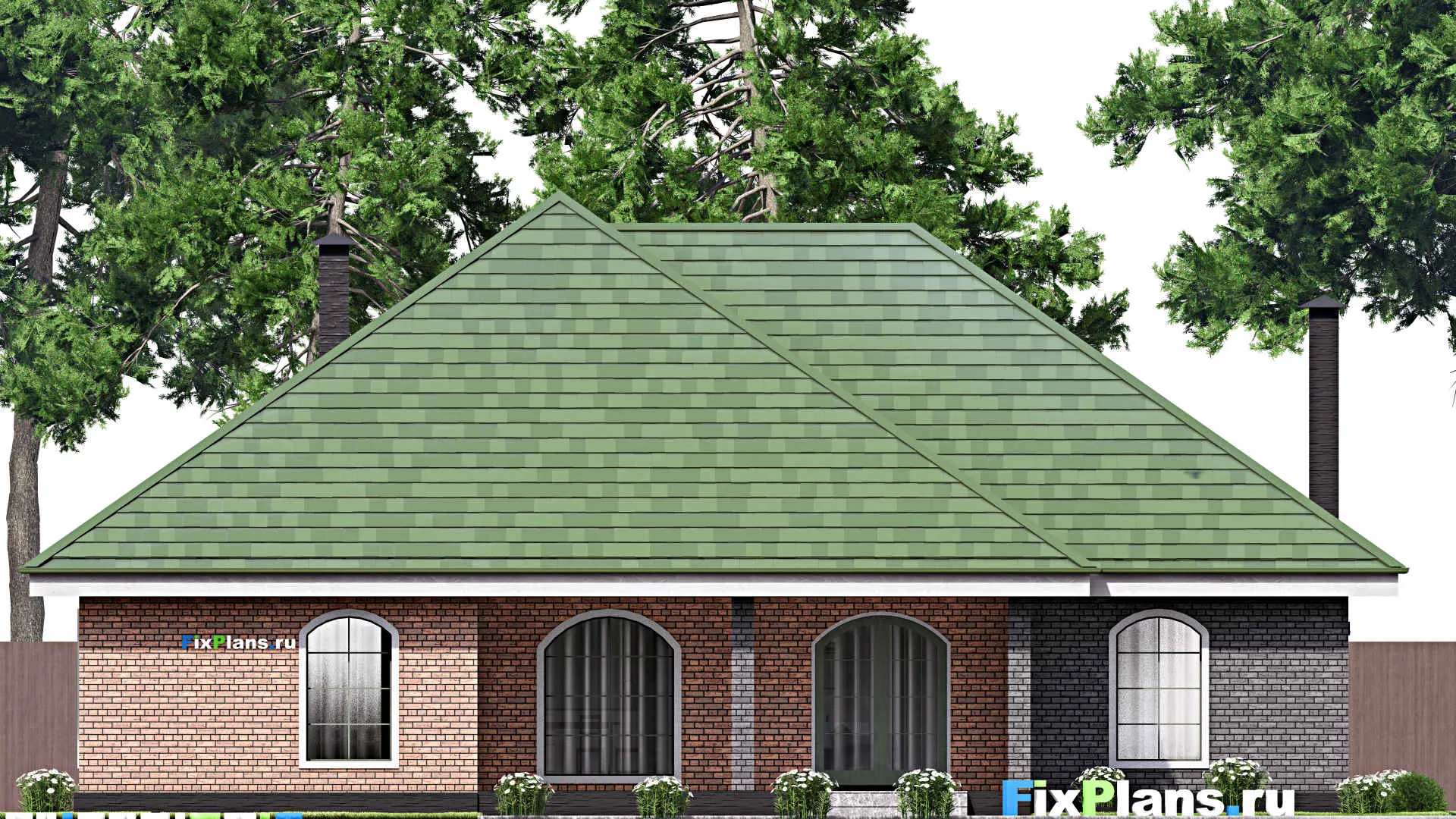 F-16820 - Проект одноэтажного дома 18 на 22, площадью 240 м² с террасой, гаражом на 2 машины и 3 спальнями