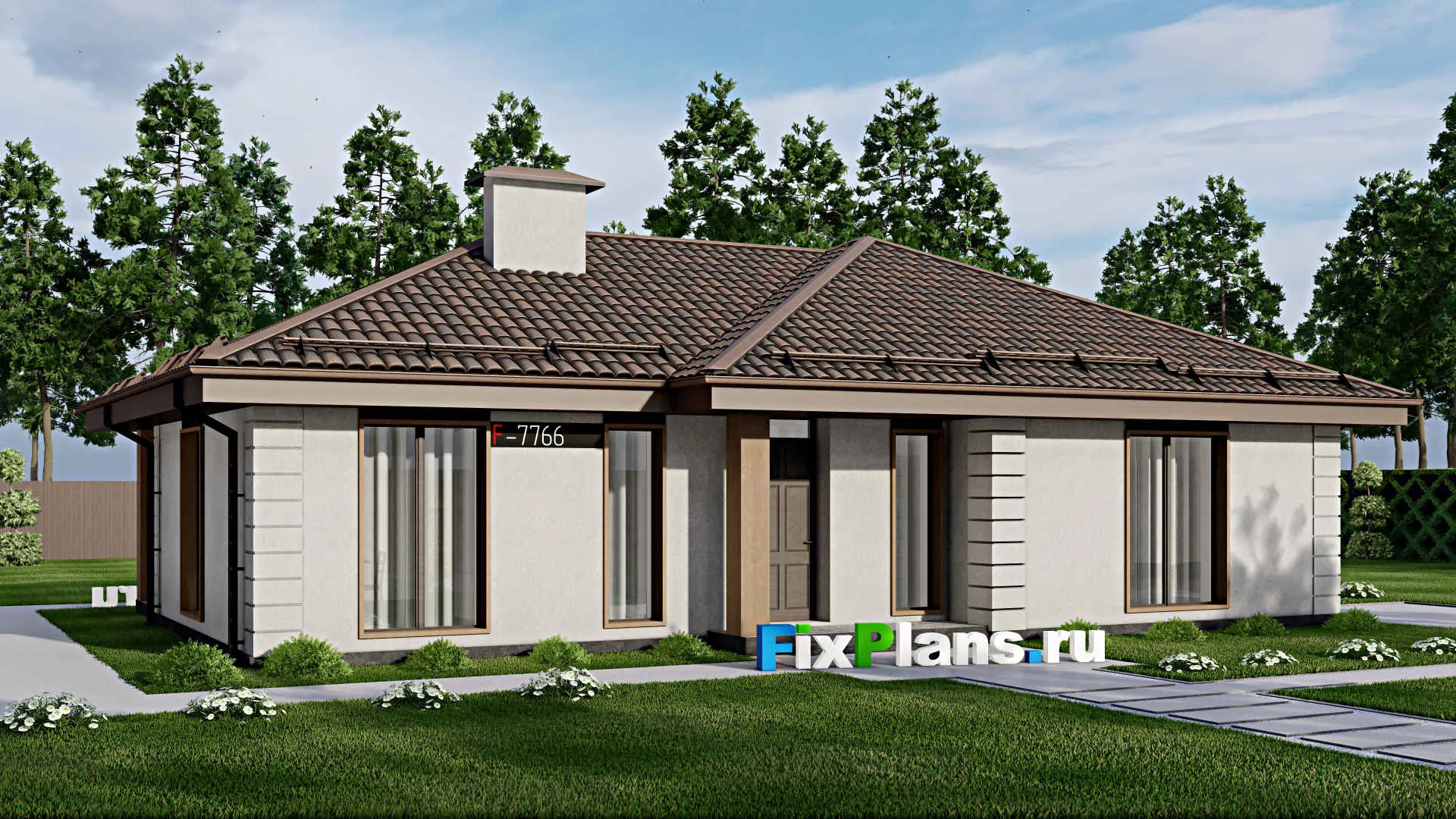 F-7766 - Проект одноэтажного дома 11 на 15, площадью 110 м² с террасой и 2 спальнями