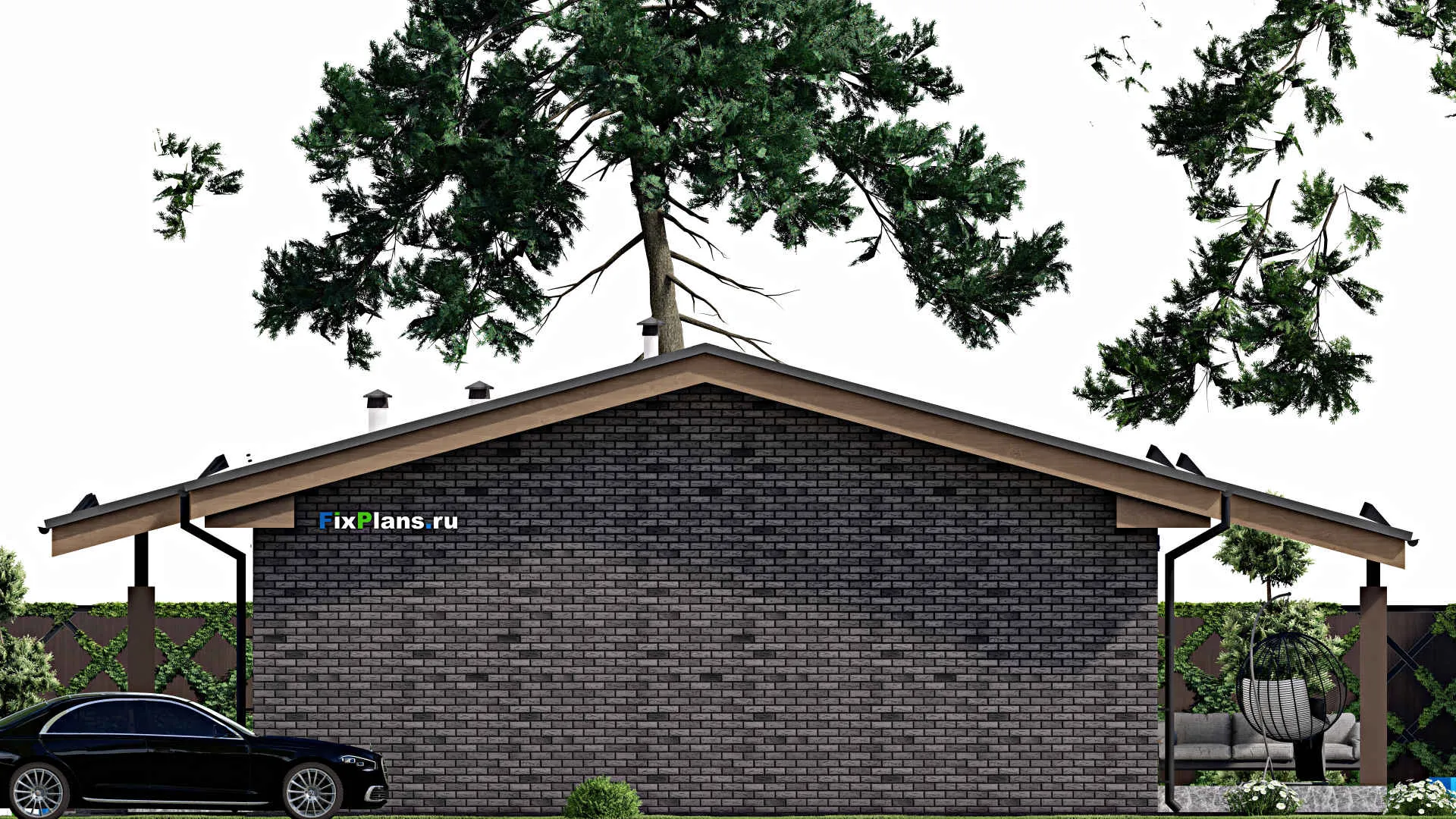 F-9917 - Проект одноэтажного дома 14 на 14, площадью 130 м² с террасой и 3 спальнями