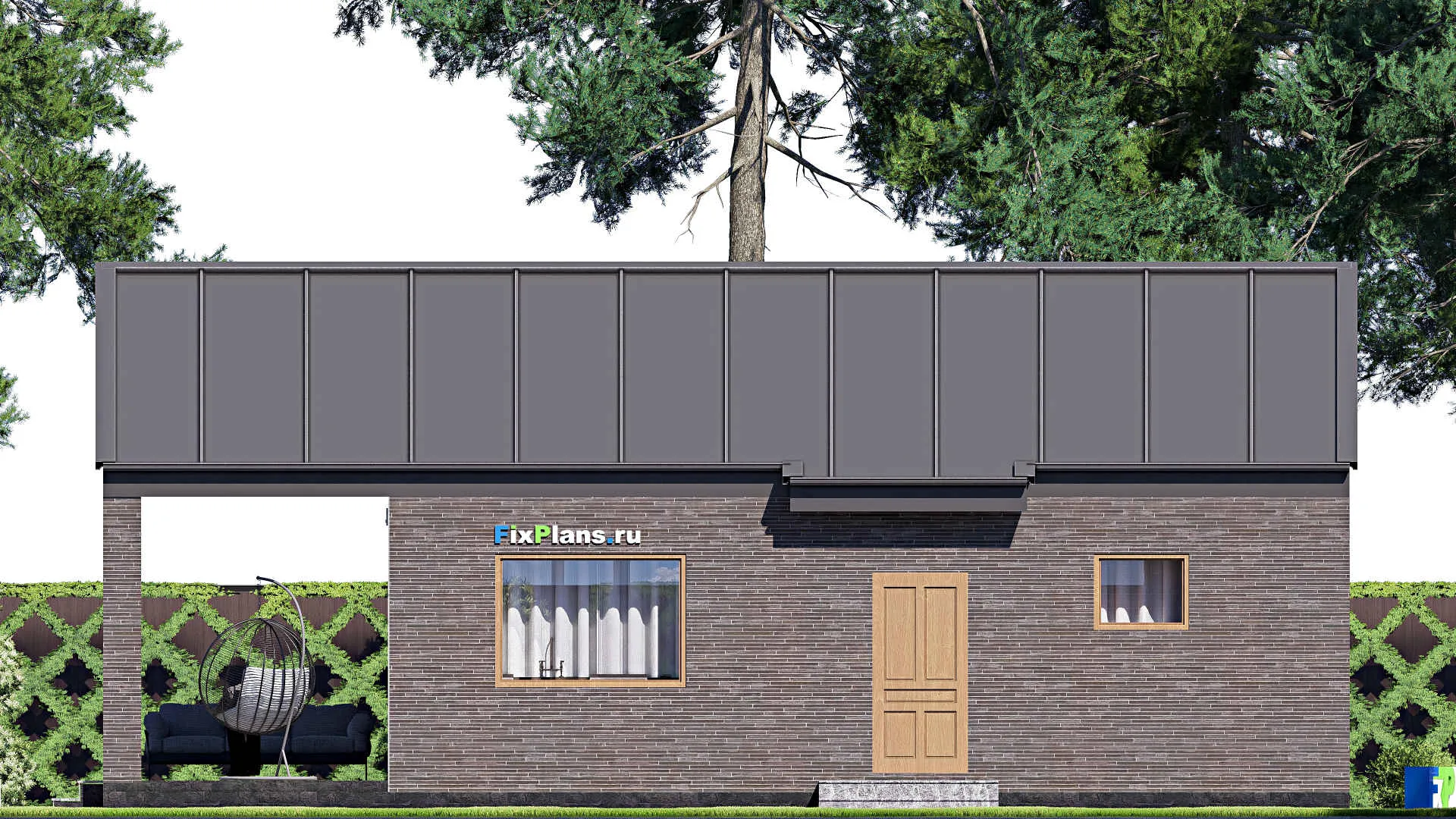 F-18044 - План одноэтажного дома 10 на 14, площадью 100 м² с террасой и 1 спальнями