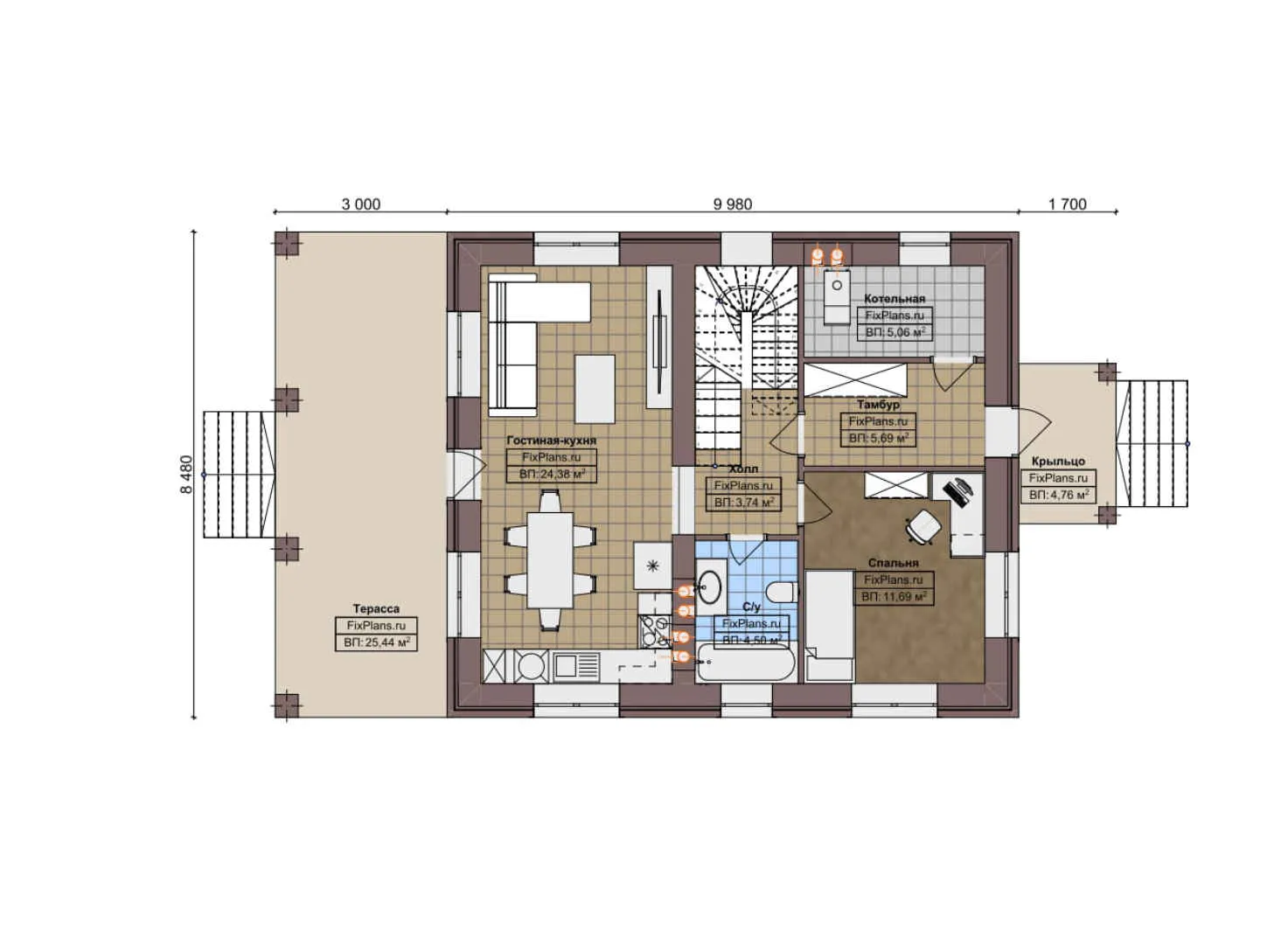 F-6191 - Планы двухэтажного дома 9 на 10, площадью 210 м² с террасой, цокольным этажом и 3 спальнями