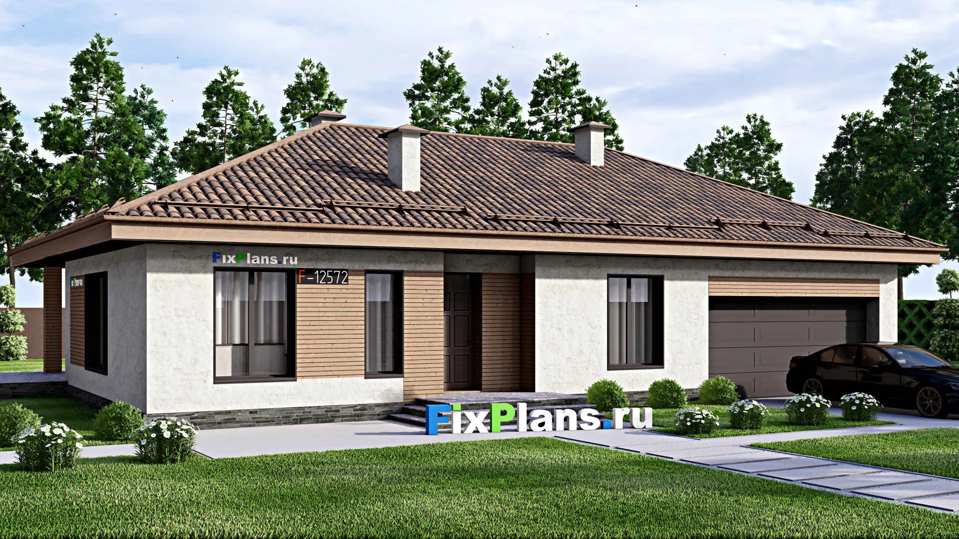 F-12572 - Проект одноэтажного дома 13 на 14, площадью 180 м² с террасой, гаражом на 2 машины и 2 спальнями