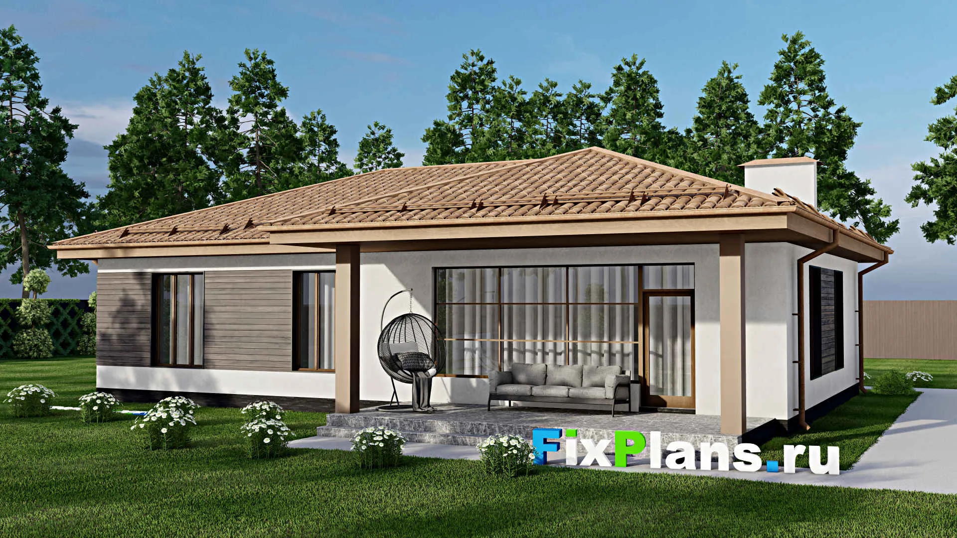 F-10790 - План одноэтажного дома 14 на 16, площадью 130 м² с террасой и 3 спальнями