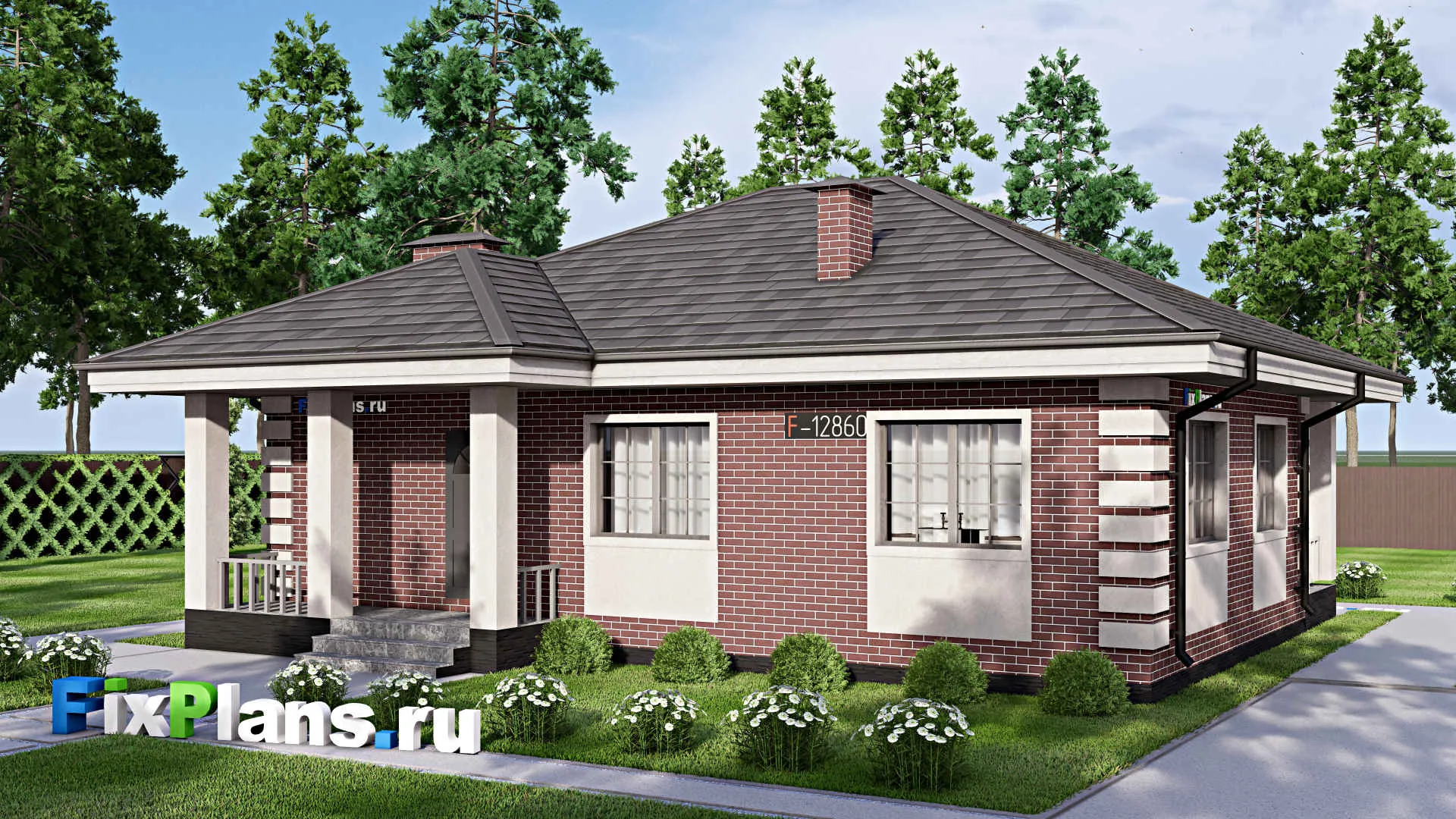 F-12860 - Проект одноэтажного дома 12 на 13, площадью 110 м² с террасой и 3 спальнями