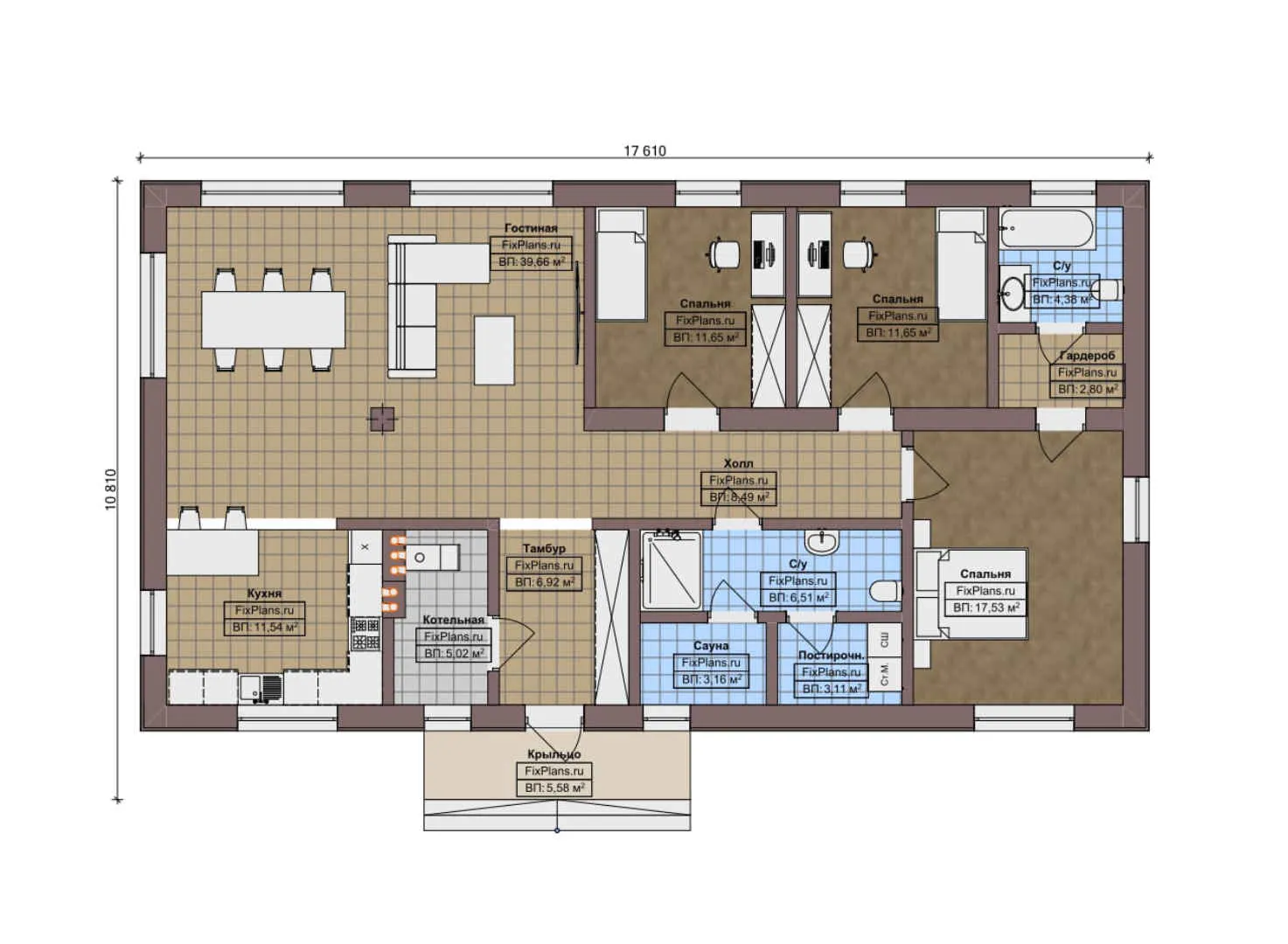 F-10970 - План одноэтажного дома 11 на 18, площадью 140 м² с 3 спальнями